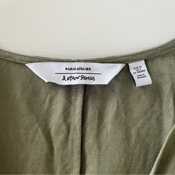 & Other Stories Paris Atelier V Neck Olive Green Linen Belt Wrap Mini Dress SZ 2 - Picture 9 of 12